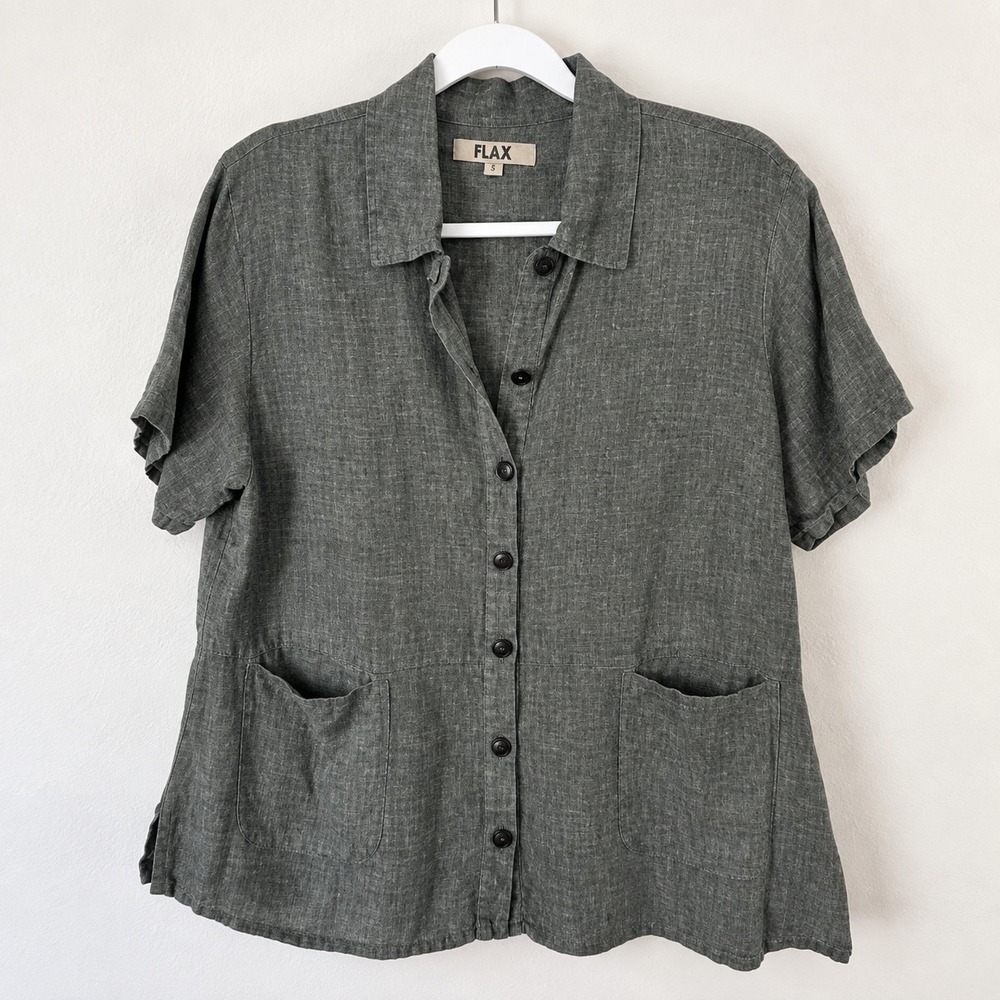 FLAX Women Grey 100% Linen Short Sleeve Button Down Pocket Shirt Size M